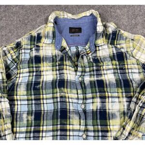 Jachs New York Shirt Mens Large Blue Green Yellow Plaid Linen Coastal Beach